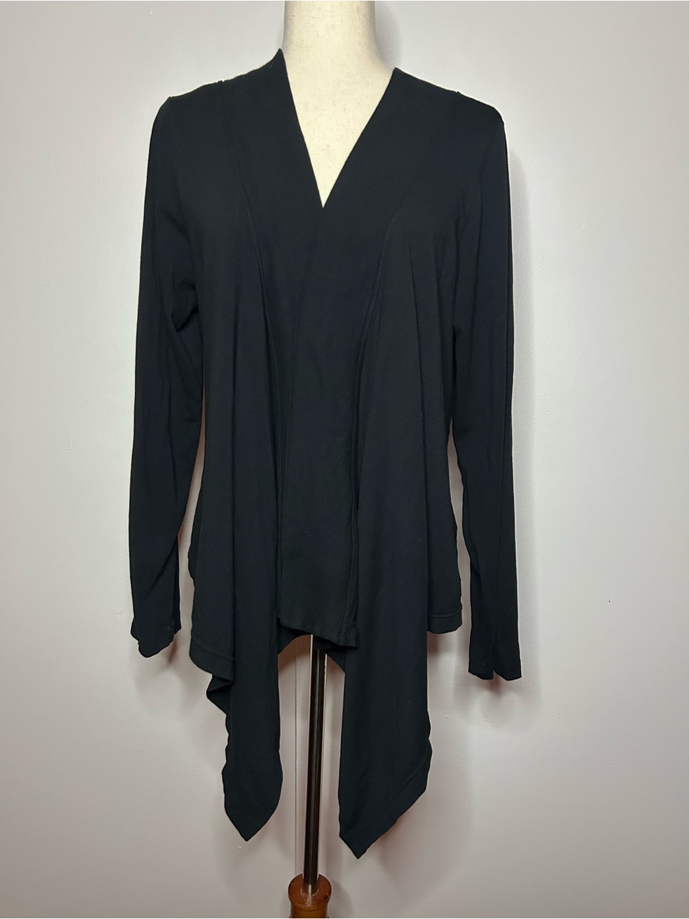 SPIRITED Black Cotton Knit Long Sleeve Open Front Drape Cardigan